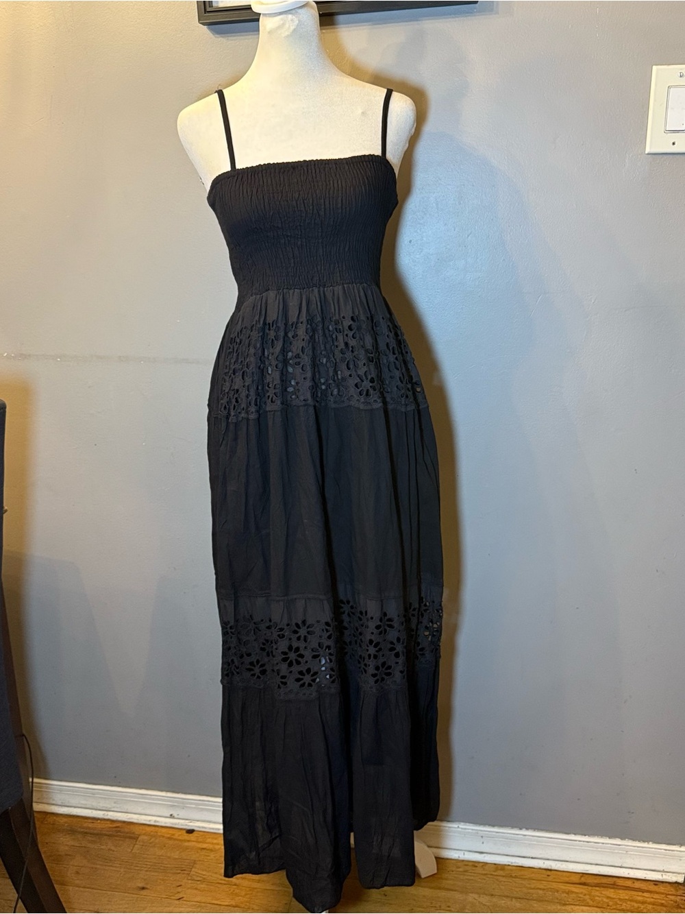Smocked Black Maxi Dress with Eyelet Tiers